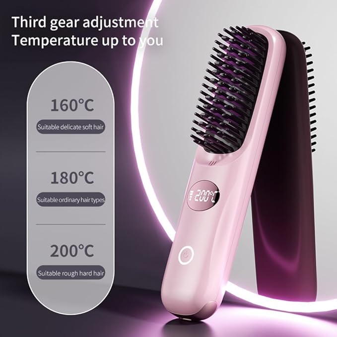 Cordless Hair Straightener Brush: Portable Rechargeable Heated Straightening Comb with LED Display & 3 Temperature Settings - Travel Hair Brush for Smooth Frizz-Free Styling (White)