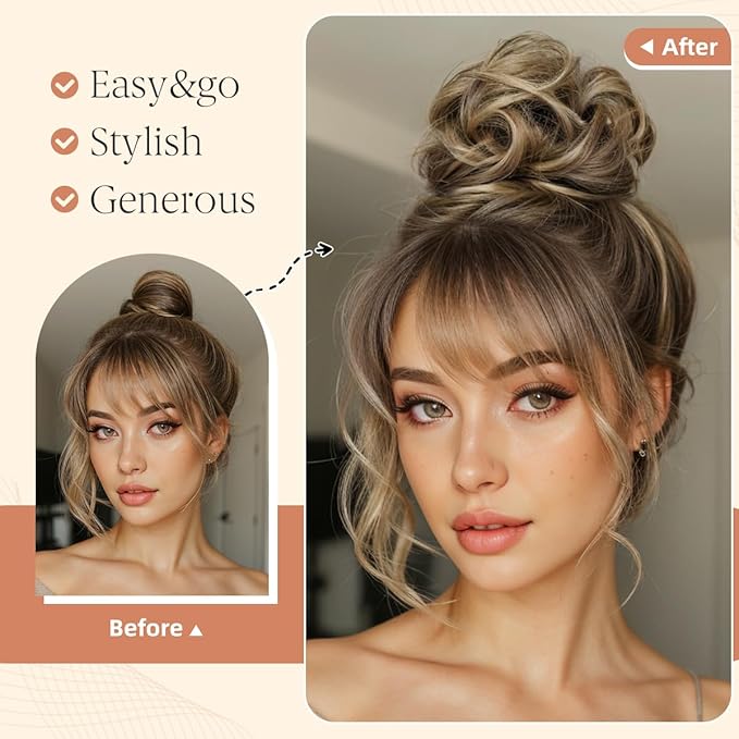 CJL HAIR 2PCS Messy Bun Hair Pieces Wavy Curly Synthetic Updo Chignon Fake Scrunchies Ponytail Extension for Women Beige Multi