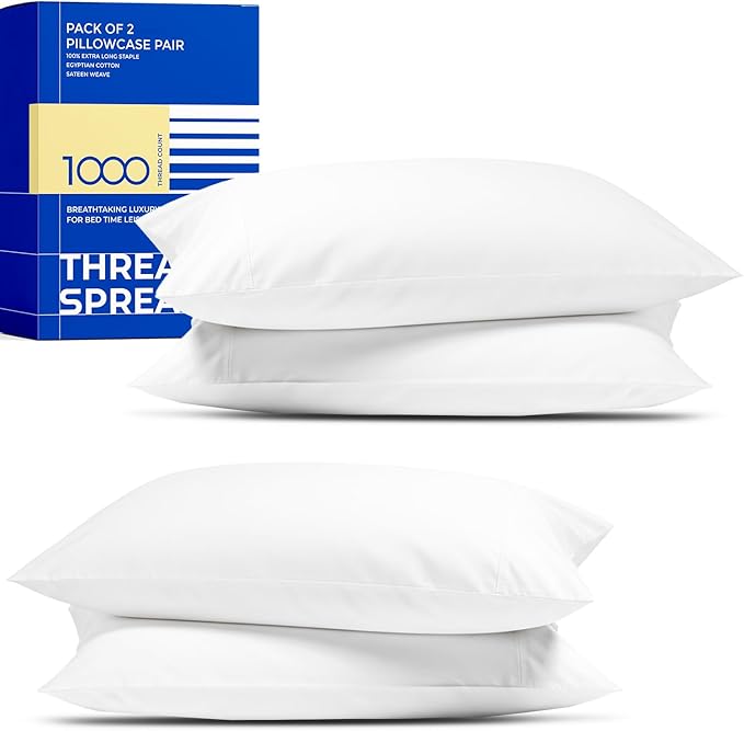 THREAD SPREAD 100% Egyptian Cotton Pillow Cases - High Thread Count White King Pillow Cases Pack of 2, Soft Cooling & Breathable Extra Long Staple Sateen Weave Cotton Pillowcases for King Pillows