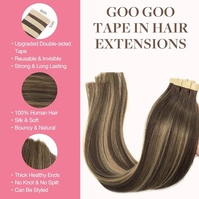 GOO GOO Tape in Hair Extensions Human Hair, 4/26/4 Balayage Chocolate Brown to Honey Blonde, 16inch 100g 40pcs, Skin Weft Seamless Invisible, Silky Straight with Thick Ends, Remy Human Hair