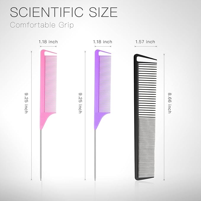 3-in-1 Rat Tail & Styling Combs - Carbon Fiber Teasing & Stainless Steel Pintail for Women & Men - Fine Teeth Salon Hairdressing Tools (Black, Pink, Purple)