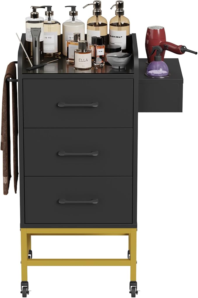 Salon Trolley Cart with Toughened Glass Top, 4 Wheels (2 Lockable) Rolling Barber Station w/Wheels, Drawers, Hair Dryer Holders, Towel Rack, Salon Storage Equipment for Hair Stylist, Black