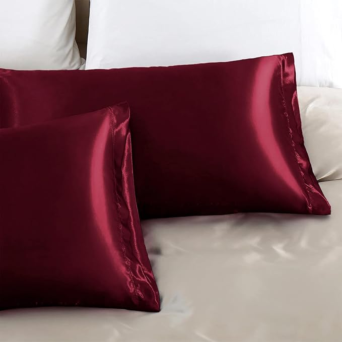 Aormenzy Satin Pillow Cases for Women King Size Set of 2, Burgundy Satin Pillowcase for Hair with Envelope Closure Silky Pillow Covers Wrinkle, Fade Resistant (20x40 Inches)