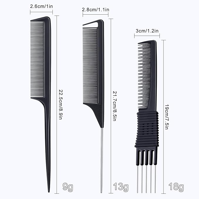 TsMADDTs Rat Tail Combs for Women and Men, 3PCS Hair Combs Set for Braiding, Parting, Styling, Fine Tooth, Black