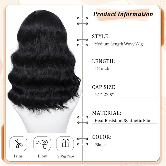 Black Wig for Women, 18 Inch Middle Part Wavy Curly Wigs Synthetic Heat Resistant Soft deep wave Wig for Women Daily Use (Black, 18 Inch)