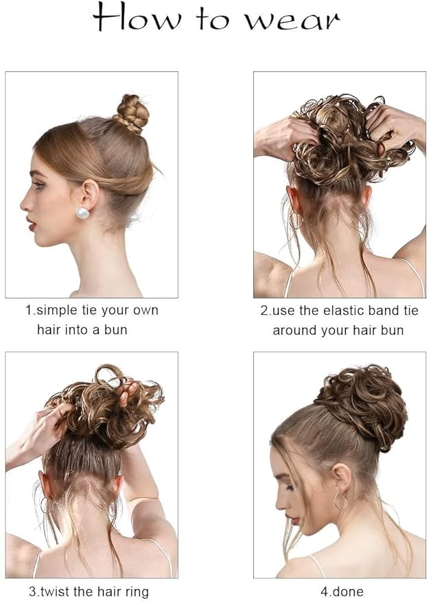 SARLA 2PCS Burgundy Messy Hair Bun Hair Pieces Wavy Curly Synthetic Updo Fake Scrunchies Ponytail Extension for Women Wine Red