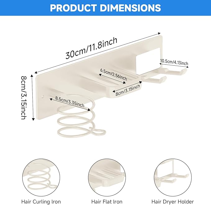 Hair Dryer Holder Wall Mounted,Blow Dryer, Curling Iron, Straightener Holder 3 in 1 Bathroom Metal Hair Tool Organizer Rack-White-2
