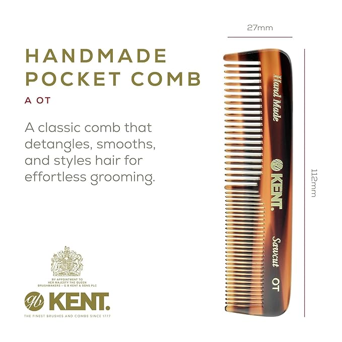 Kent OT Pocket Comb Black and Tortoise - Handmade Fine and Wide Tooth Hair Comb for Men, Women, and Kids - Travel, Beard, and Mustache Comb - Saw Cut and Hand Polished Made in England