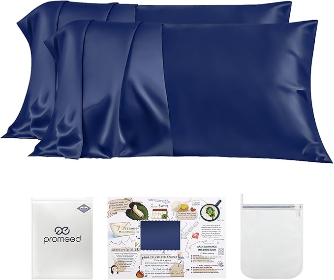 PROMEED 23 Momme Silk Pillowcase 2 Pack Toddler/Travel Size with Free Laundry Bag, Highest Grade 6A+ 100% Mulberry Silk Pillow Case Set of 2, Zipper (Toddler/Travel 13"x18", Navy)