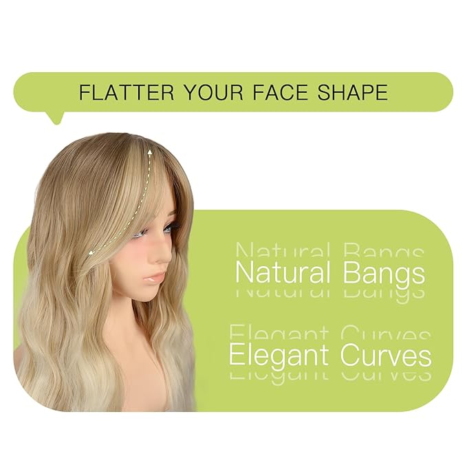 Long Wavy Ombre Ash Blonde Wig with Curtain Bangs for Women 26 Inch Synthetic Wig Natural Looking Heat Resistant Fiber Hair Wig for Daily Party Halloween Cosplay Use