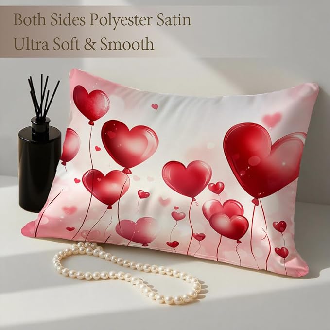 Silk Pillowcase for Hair and Skin Red Love Heart Satin Pillowcase Standard Size with Zipper Silky Soft Cooling Satin Pillowcase Sleeping for Women 20"x26"