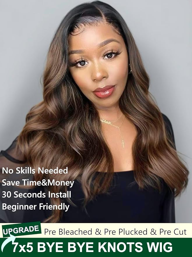 KLAIYI Bye Bye Knots Glueless Ombre Brown Body Wave Pre Cut 7x5 Lace Front Wigs Human Hair Drawstring Pre Plucked Bleached Pre Everything Ready to Wear and Go Wig Highlight Balayage Colored Wig 22Inch