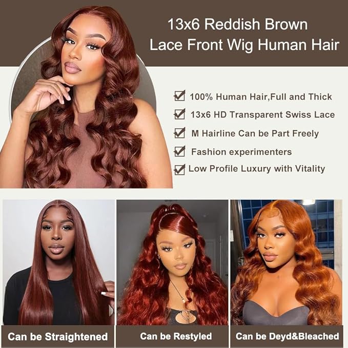 BVH 22 Inch Reddish Brown 13x6 Lace Front Wigs Human Hair Body Wave Wigs Human Hair 200 Density Hd Lace Frontal Wigs M Hairline 33# Brown Wigs (13x6 Reddish Brown Lace Front Wigs Human Hair, 22 Inch)