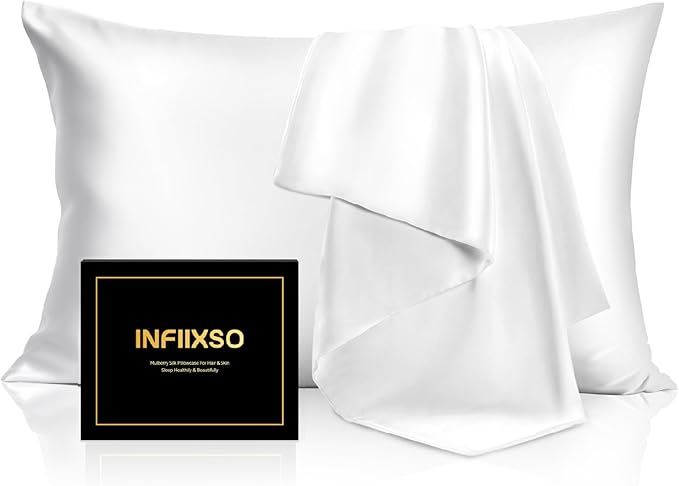 INFIIXSO Mulberry Silk Pillow Cases King Size Set of 2, Silk Pillowcase with Hidden Zipper 20"x36", Extraordinary Smooth and Soft Pillow Case for Hair and Skin(White, 2 Pack)