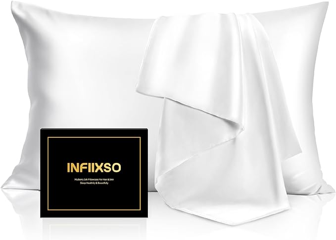 INFIIXSO Mulberry Silk Pillowcase 2 Count, Silk Pillow Cases Queen Size Set with Hidden Zipper 20x30 Inches, Ultra Smooth and Soft Cooling Pillow Cases for Hot Sleepers (White, 2 Count)
