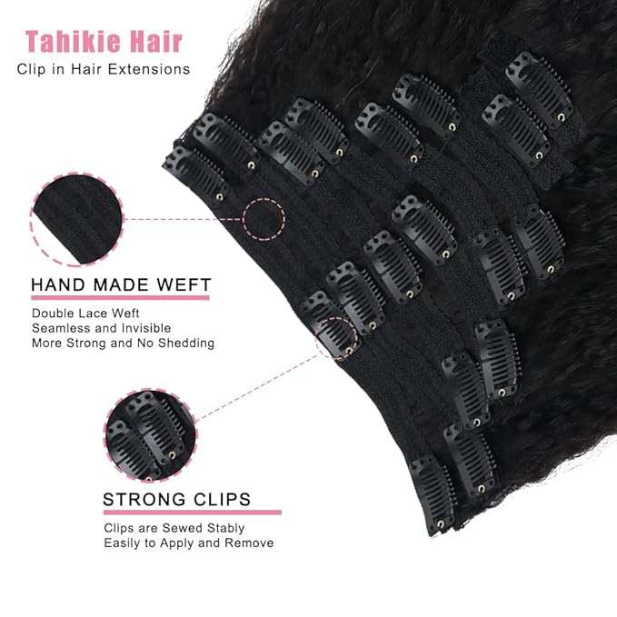 Kinky Straight Human Hair Clip in Extensions 120g Full Head Clip ins for Women 100% Unprocessed Brazilian Virgin Human Hair Yaki Straight Clip ins Remy Hair Natural Black 8Pcs 18Clips 14inch