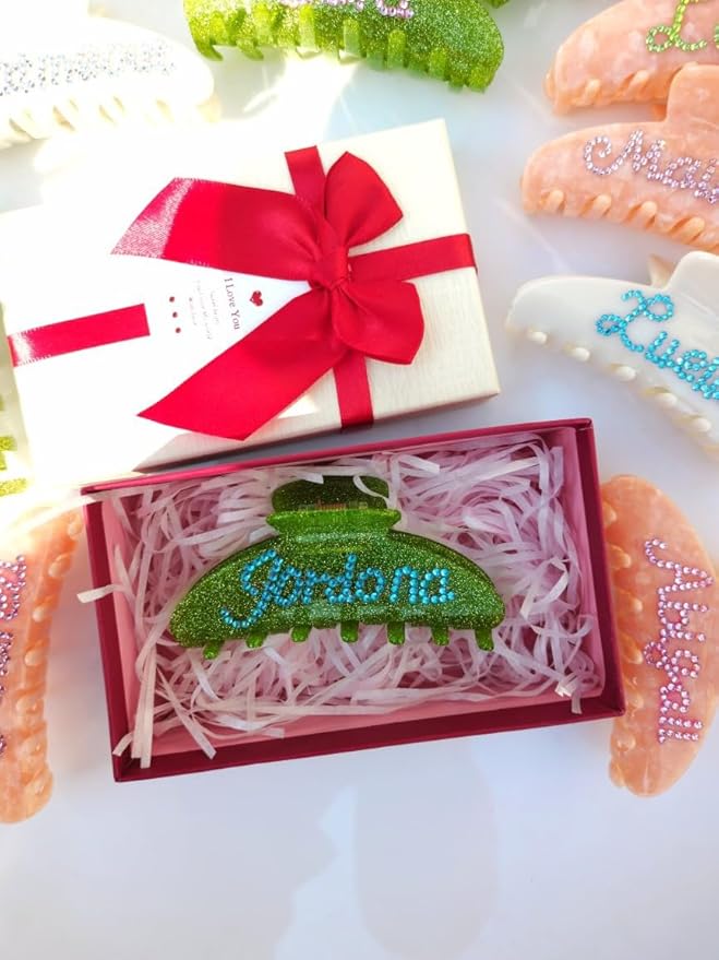 Personalized Hair Claw Clip with Rhinestones - Custom Bridal Claw Hair Clips (Glitter Green)