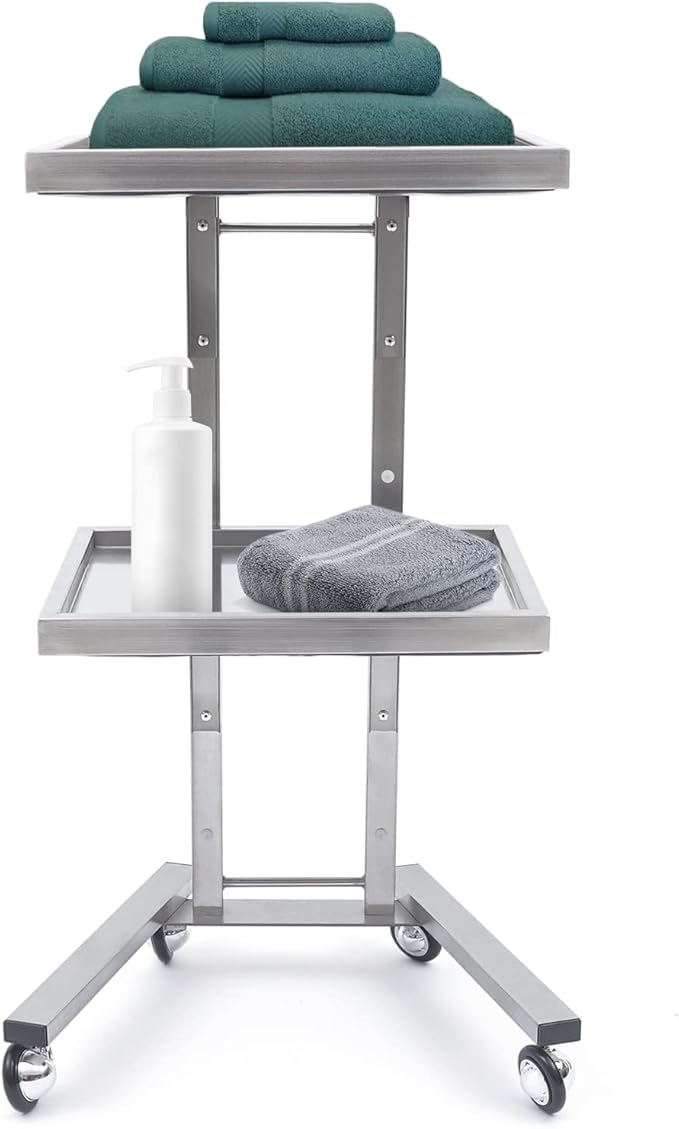 2 Tier Foldable Tray Trolley, Stainless Steel Salon Storage Metal Rolling Cart Mobile Hairdressing Tool Organizer with Wheels for Hair Salon, Studios, Spa Salons (Silver)