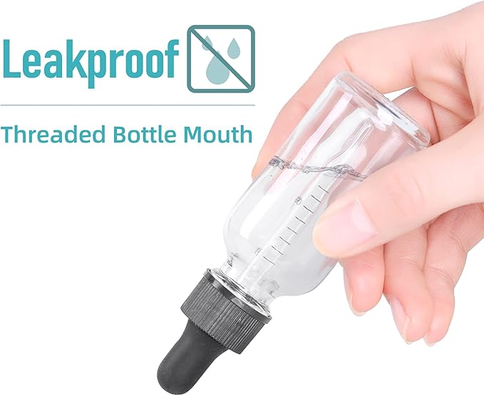 2 oz Dropper Bottle 24 Pack Clear Glass Boston Bottles 60ml with Eye Droppers Black Caps for Essential Oils, Perfume, Leak Proof Travel Bottles for Liquids