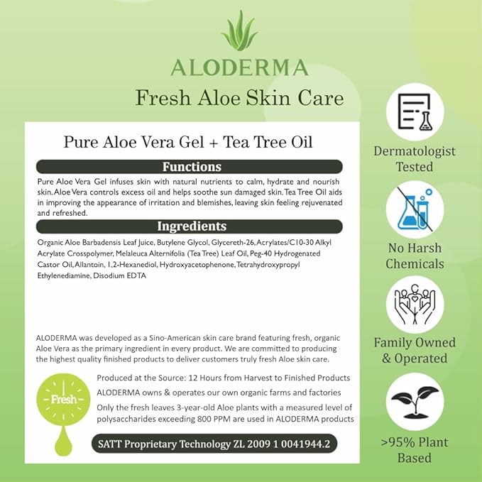 Aloderma Organic Aloe Vera Gel for Skin + Tea Tree Oil, Made within 12 Hours of Harvest, Soothing Pure Aloe Vera Gel for Face, Works Great for Oily Skin, Dry Scalp, Aftershave, Natural Aloe - 10.6 Oz