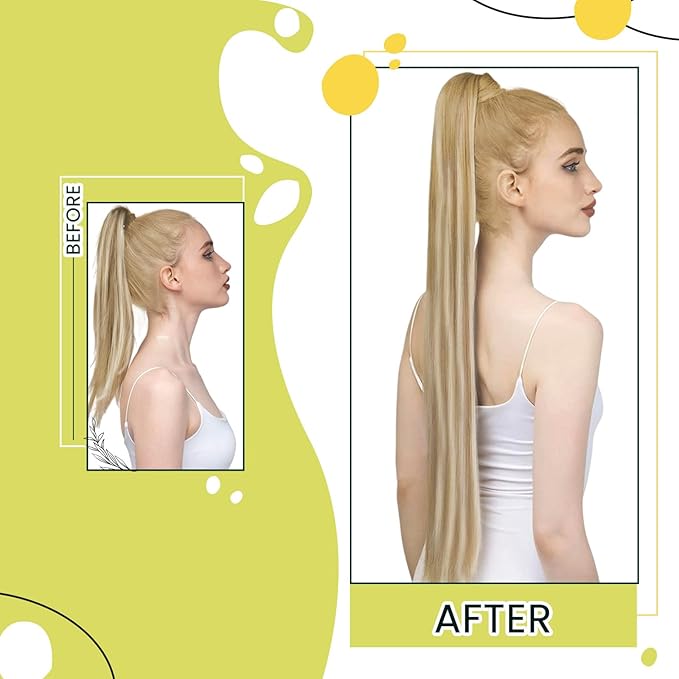 RUNATURE Ponytail Extension Human Hair Blonde, Real Hair Ponytail Extension, Human Hair Ponytail Wrap Around, Remy Natural Hair Tangle Free, 18 Inch 80g #16P22 Dark Ash Blonde Highlight Light Blonde