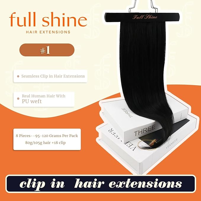 Full Shine Hair Extensions Clip in Human Hair Black Seamless Clip in Hair Extension Black Hair Extensions Clip ins Short Hair Full Head Softness 14 Inch 8 PCS 120 G