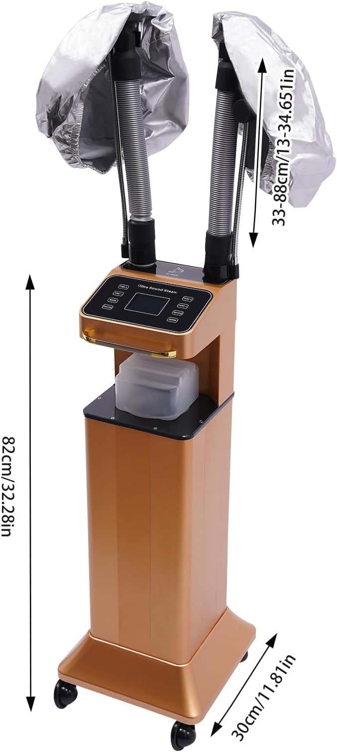 Multifunctional Hair Steamer Cold Mist Ozone Oil Treatment Dyeing Machine with 2 Steam Caps Standing Hooded Hair Care Processor with Wheels 2 Telescopic Tubes Time/Temp Control for Barbershops Salons
