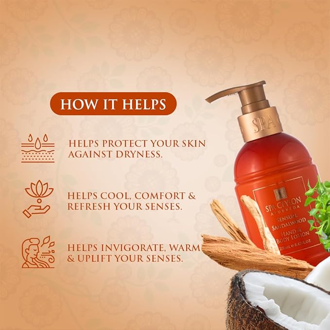 SPA CEYLON Sensual Sandalwood Hand and Body Lotion | Deep Hydrating Body Moisturizer with Coconut | Almond & Rice Bran | Cooling & Invigorating | Suitable for All Skin Types