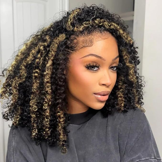 Kinky Curly Half Wig Human Hair 250% Density Ombre Wear Go Glueless Wigs Human Hair Hightlight Blonde Curly 3 In 1 Half Wigs for Women Drawstring Seamless Flip Headband Wig Beginner Friendly 16 Inch