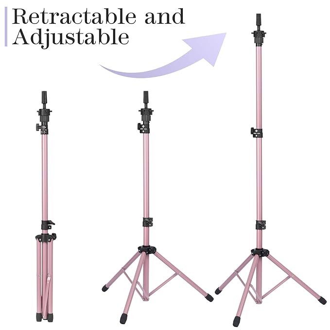Auroras Adjustable Wig Stand Tripod, Mannequin Stand for Wig Tripod Stand, Mannequin Head Stand for Cosmetology Hairdressing Training, Pink (Mannequin Head Not Included)