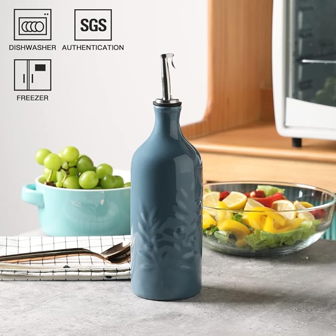 Sweejar Ceramic Olive Oil Dispenser Bottle, 20 Oz Relief Opaque Oil Cruet Protects Oil To Reduce Oxidation, Suitable for Storage Oil, Vinegar, Soy Sauce, Coffee Syrup, Liquids, Set of 1 (Fog Blue)