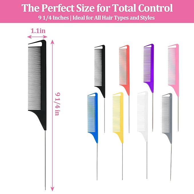 16 Pack Rat Tail Combs Set Stainless Steel Pintail Comb, Professional Rat Tail Combs for Styling, Sectioning & Hair Coloring for Salon & Home Use