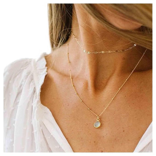 Boho Layered Opal Moonstone Necklace Choker Gold Round Opalite Necklace Clear Quartz Necklace Faceted Crystal Pendant Necklace Chain Jewelry for Women and Girls