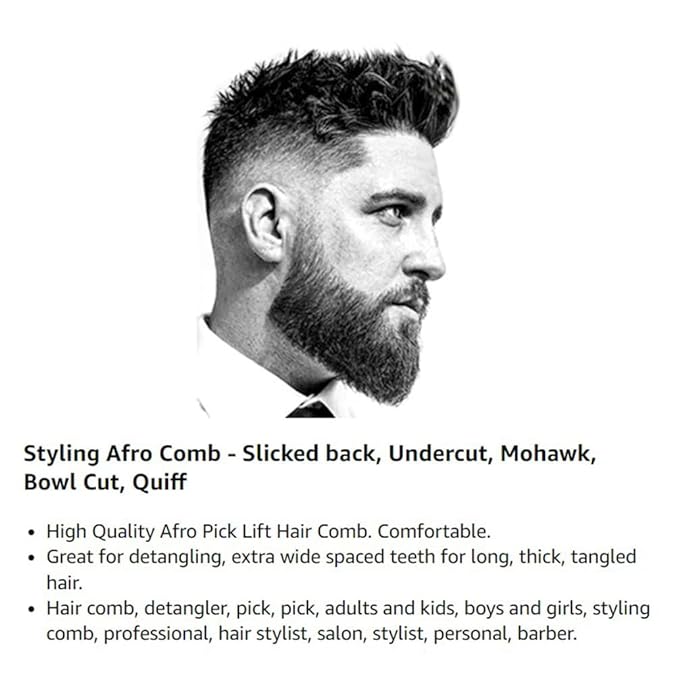 (3 Pack) 5.25" Plastic Afro Pick Lift Hair Comb Detangle Wig Braid Hair Man Styling Comb (Black_B)