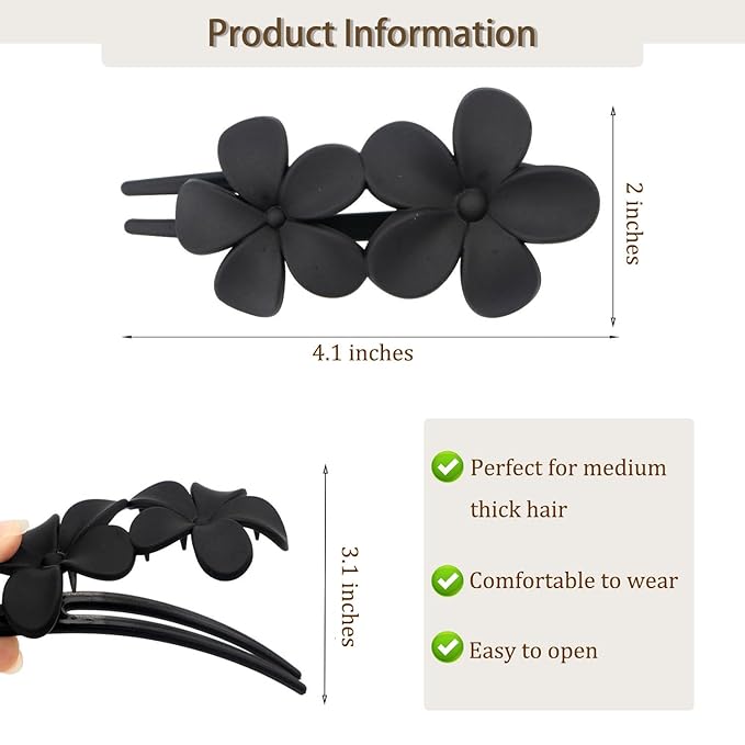 5PCS Black Flower Flat Hair Clips for Women - Mdscve French Flat Hair Claw Matte Hair Clips Flat Claw Clips for Thick Hair Non-Slip Cute Duck Billed for Girls