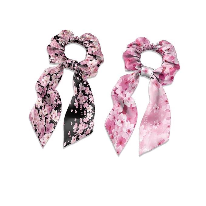 Cherry Blossom Elastic Ribbon Hair Ties 2 Pcs Pink Black Scarf Scrunchies Travel Accessory for Thick Thin Hair Satin Ponytail Scrunchy with Tails