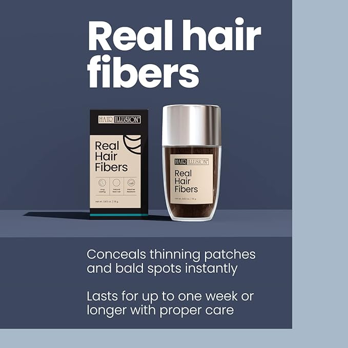 Hair Illusion Dark Brown Real Hair Fibers for Thinning Hair - 100% Natural Texture, Non Synthetic Hair Fibers - Bald Spot Cover Up for Women & Men - 18 Gram