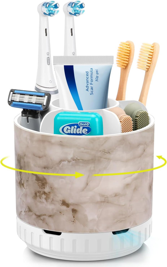 Marble Toothbrush Holders - 360° Rotating Detachable 6 Slots Kids Electric Toothbrush and Toothpaste Holde for Bathroom Accessories Organization Countertop Vanity Sink Storage