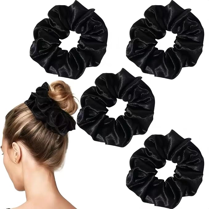 4PCS Black Satin Silk Scrunchies for Women, 6.3Inches Extra Large Hair Scrunchy Oversized Thick Elastic Hair Ties Hair Bands Ponytail Holders Jumbo Hair Scrunchies