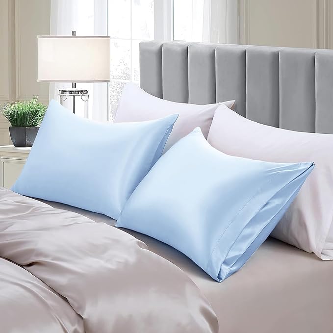 Aormenzy Satin Pillow Cases for Women Queen Size Set of 2, Baby Blue Satin Pillowcase for Hair with Envelope Closure Silky Pillow Covers Wrinkle, Fade Resistant (20x30 Inches)