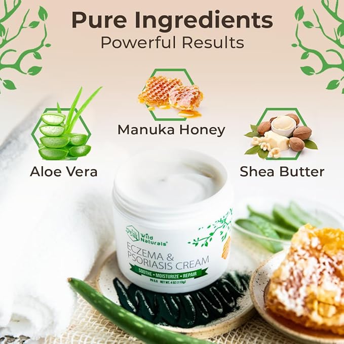 Wild Naturals Eczema & Psoriasis Cream for Dry, Itchy Skin – Eczema Relief for Adults & Kids – Moisturizing Psoriasis Cream with Manuka Honey - Hydrating Honey Lotion for Hands and Face