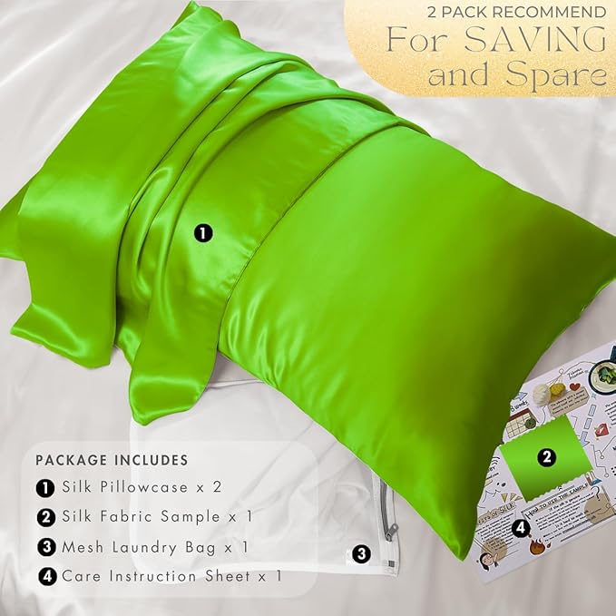 PROMEED 23 Momme Silk Pillowcases 2pcs Set Queen, Mulberry Silk Pillow Case Set of 2, Ultra Soft Silk Pillowcase for Hair and Skin (Queen 20"x30", Green)