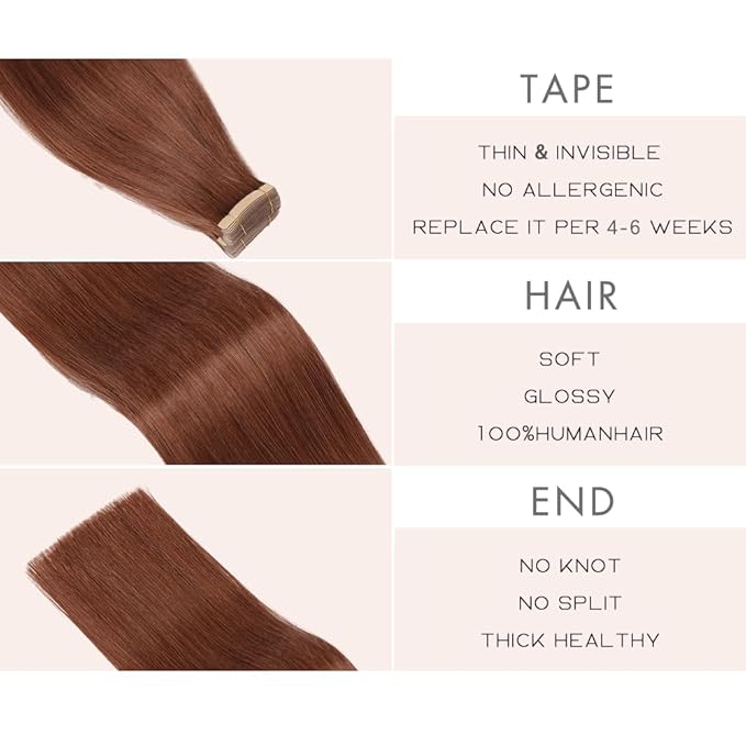 Tape in Hair Extensions Human Hair 20pcs 18Inch Dark Auburn Straight Remy Human Hair for Women Seamless Remy Tape in Hair Extensions(33#, 18 Inch)