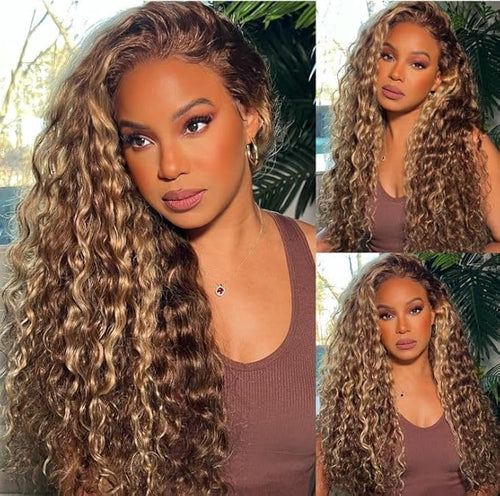 38Inch Highlight Ombre Human Hair Wigs 13x6 HD Honey Blonde Deep Wave Lace Front Wigs Human Hair 180 Density Glueless Deep Wave 4/27 Colored Wet and Wavy Curly Wig Pre Plucked for Women