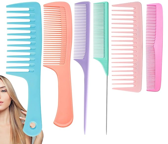 Hair Combs for Women Men, Large Wide Tooth Comb, Fine Tooth, Rat Tail Comb, Comb Set for Wet Curly Thick Thin Hair Styling Detangling (6 PCS)