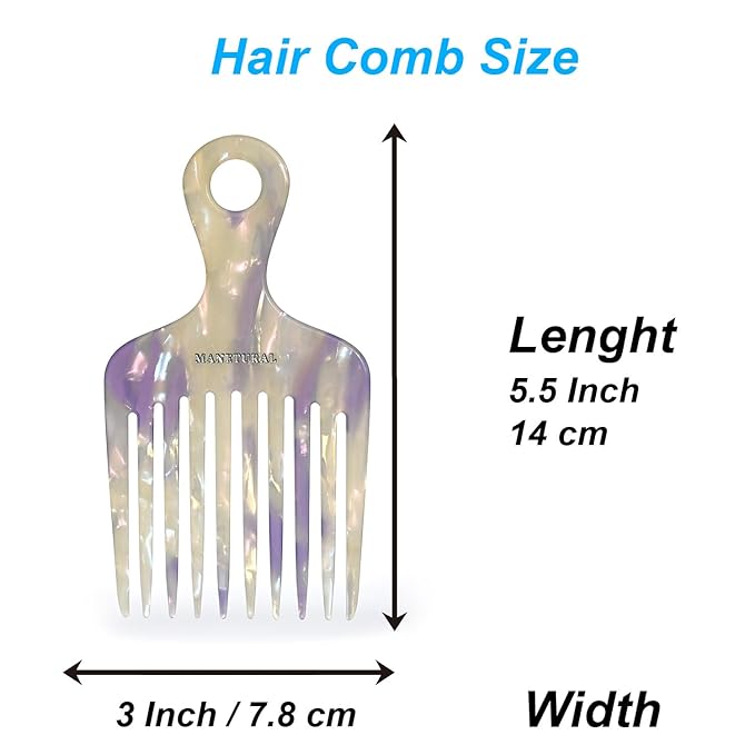 14MX hair picks for women, hair picks for curly, wide tooth comb for curls, afro pick, Acetate comb 5.5 inches(14 cm) (White purple, 1 PACK)