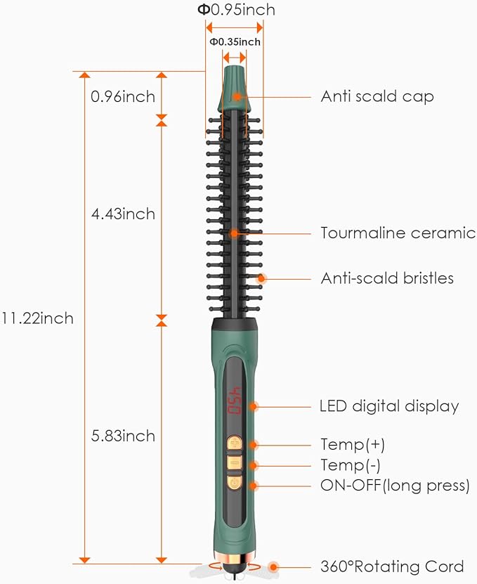 Mini Thermal Round Brush, 0.35 Inch Barrel Volume Heat Styling Brush for Men and Women Short Thin Curly Straight Hair, Heated Curling Iron,12 Temperature Setting (0.95 Inch with Bristles)