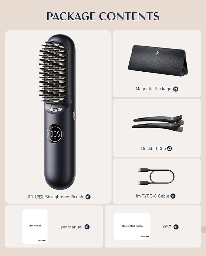 Fanttik Solo I10 APEX Portable Hair Straightener Brush, Cordless Straightening Comb with 113% Larger Heating Area, LED Display & Ceramic Coating, Ionic Technology & Safe Mode - Midnight
