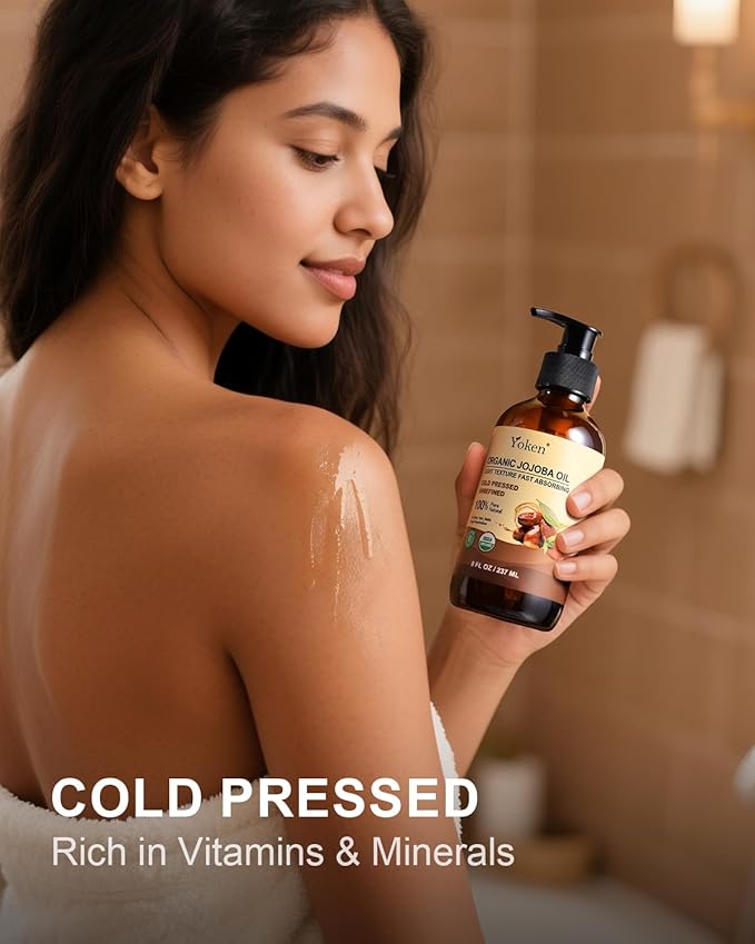 Yoken Organic Jojoba Oil Glass Bottle 8 fl oz, USDA Certified 100% Pure & Natural Jojoba Oil for Hair, Skin & Face, Cold Pressed Unrefined Hexane Free, Deeply Moisturizing Body Serum Oils for Gua Sha