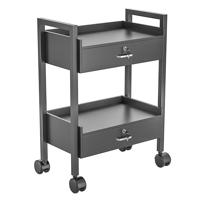 Paddie Salon Trolley Cart, Salon Tray Wooden Mobile Utility Cabinet with 2 Lockable Drawers, Rolling Storage Station Medical Esthetic Supply Holder for Beauty Spa (2 Drawers, Black)